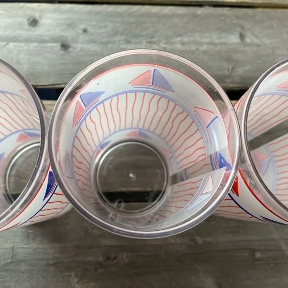 Lot Of 3 Vintage Thermo-Serve Sailboat Tumblers Red White Blue